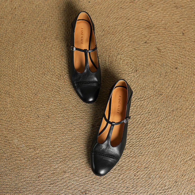 Women's Leather Ballet Flats with T-Bar Strap