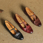 Women's Leather Ballet Flats with T-Bar Strap
