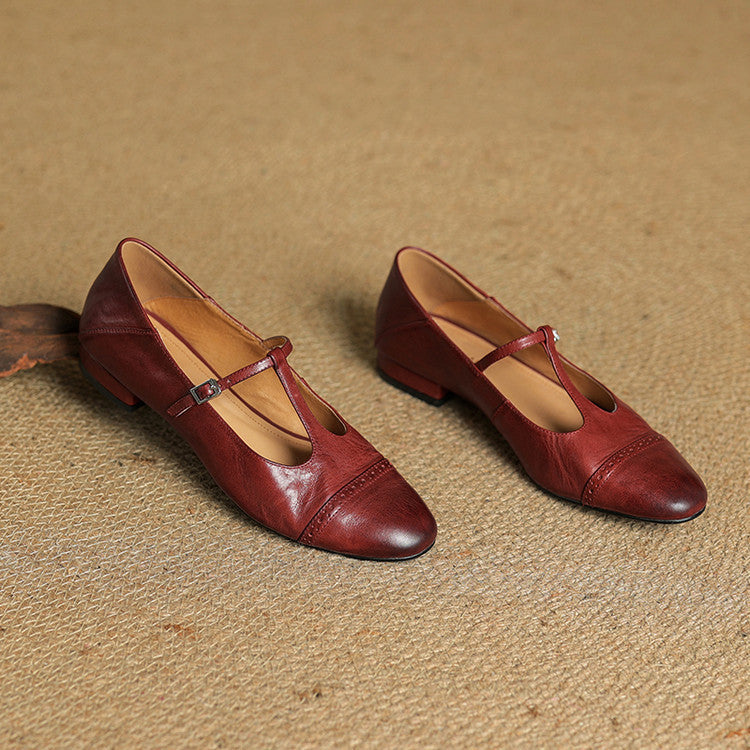 Women's Leather Ballet Flats with T-Bar Strap