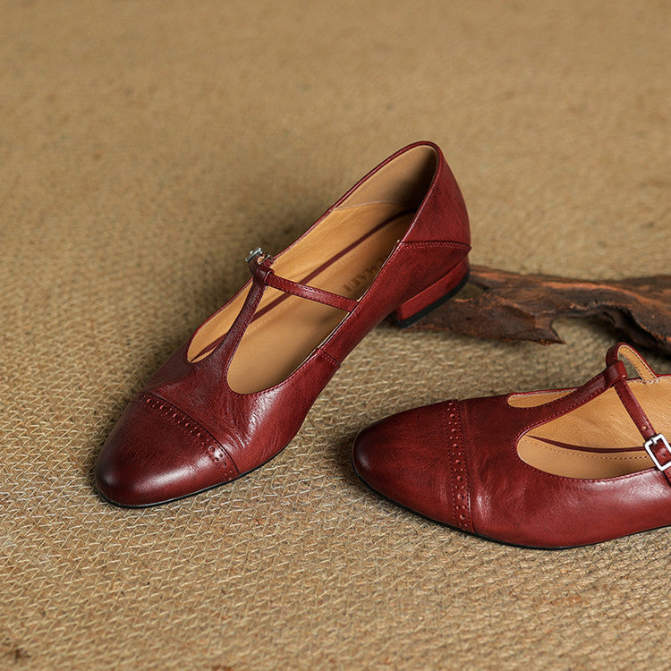 Women's Leather Ballet Flats with T-Bar Strap