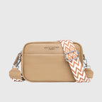 Women's leather crossbody bag with wide woven strap - Khaki