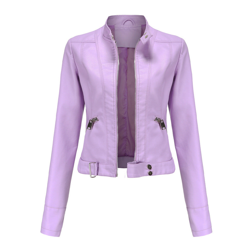 Women's leather jacket slim fit mid-season - Pourpre