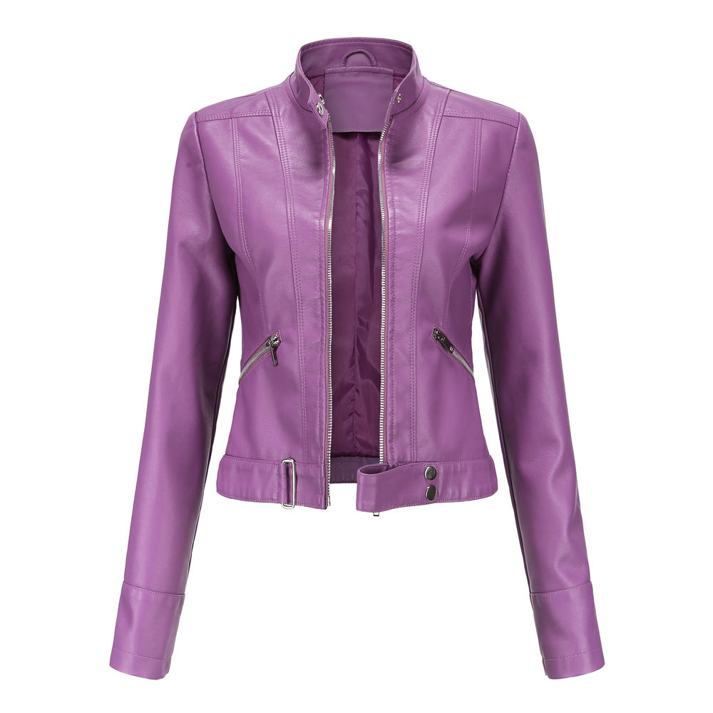 Women's leather jacket slim fit mid-season - Violet Foncé