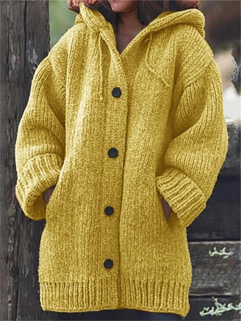Women's long hooded cardigan in oversized ribbed knit with button-front - Yellow