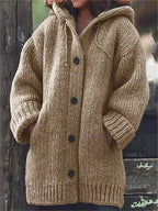Women's long hooded cardigan in oversized ribbed knit with button-front - Khaki