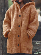 Women's long hooded cardigan in oversized ribbed knit with button-front - Orange