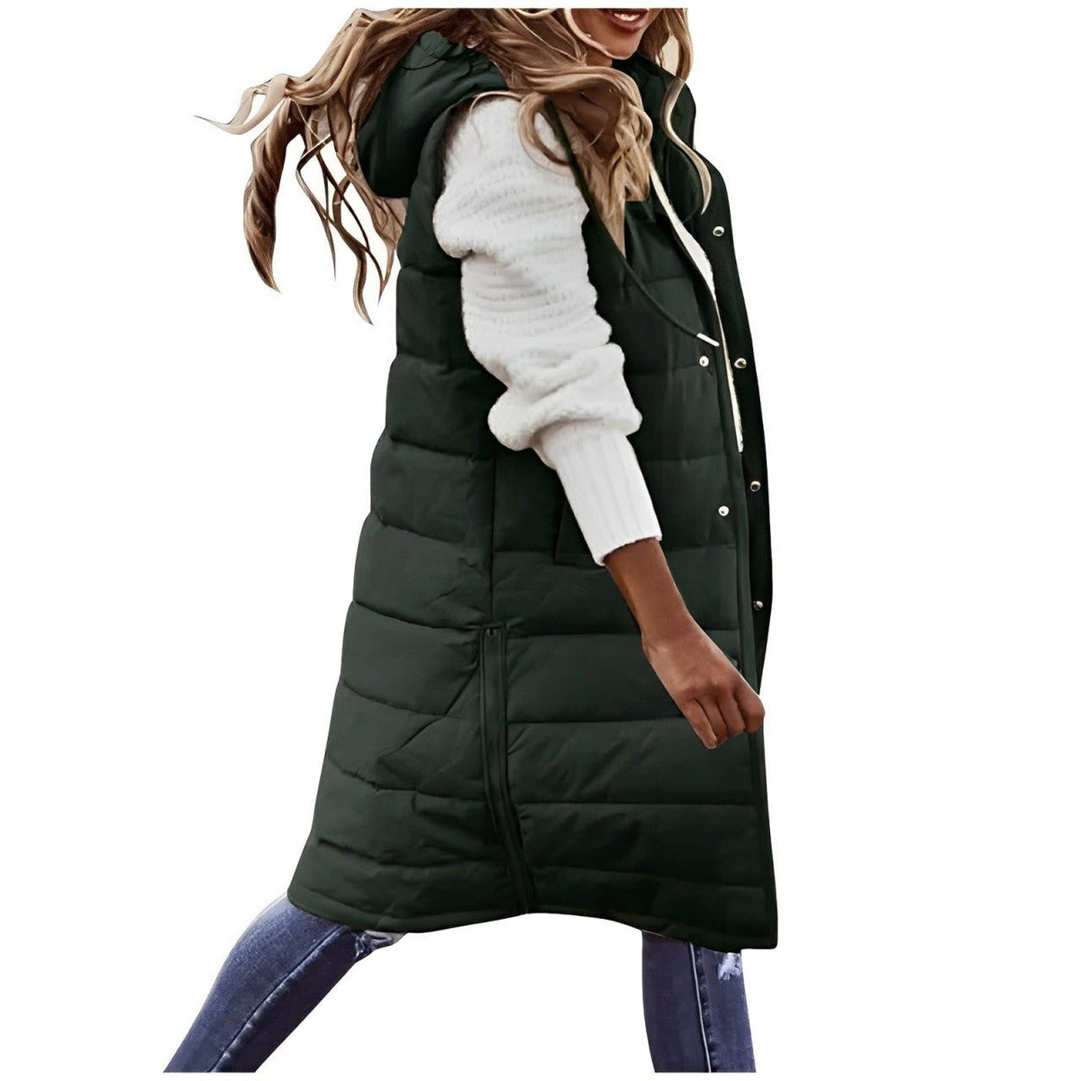 Women's long quilted puffer gilet, sleeveless with button-front closure - Green