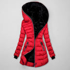 Women's Long Quilted Winter Jacket with Hood - Red