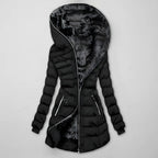 Women's Long Quilted Winter Jacket with Hood - Black