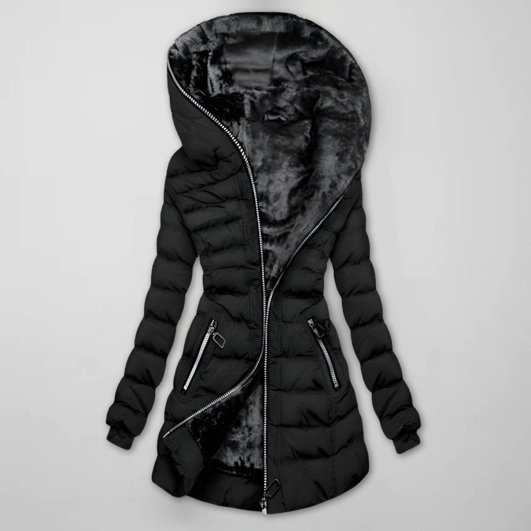 Women's Long Quilted Winter Jacket with Hood - Black