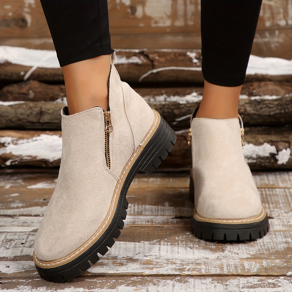 Women's Orthopaedic Ankle Boots Zipped Non-Slip Sole - Beige