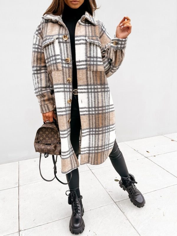 Women's Oversized Plaid Coat with Button-Down - Light Brown