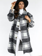 Women's Oversized Plaid Coat with Button-Down - Dark Grey