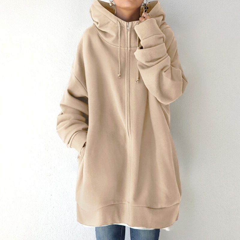 Women's oversized zip-up hoodie with drawstring hood - Beige