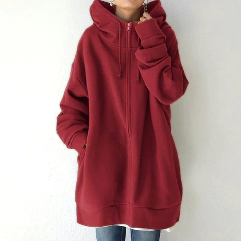 Women's oversized zip-up hoodie with drawstring hood - Red