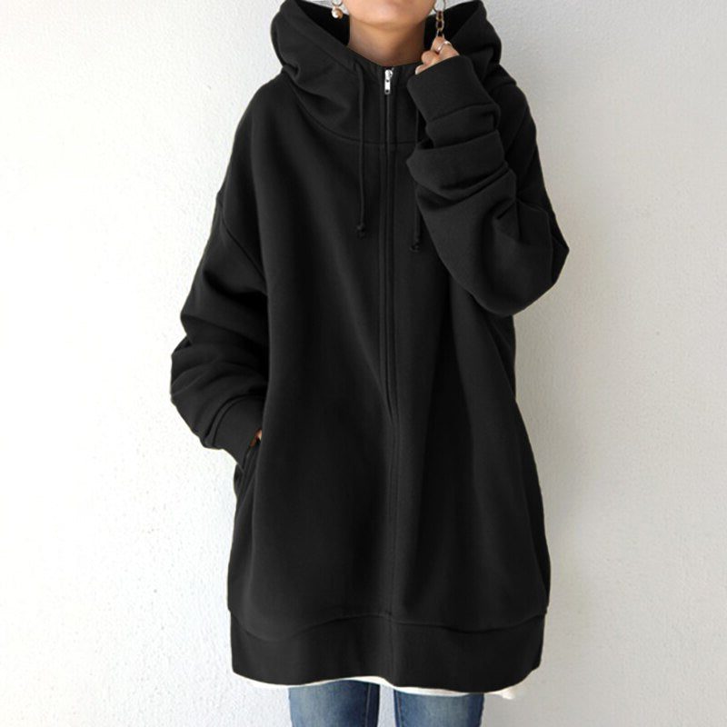 Women's oversized zip-up hoodie with drawstring hood - Black