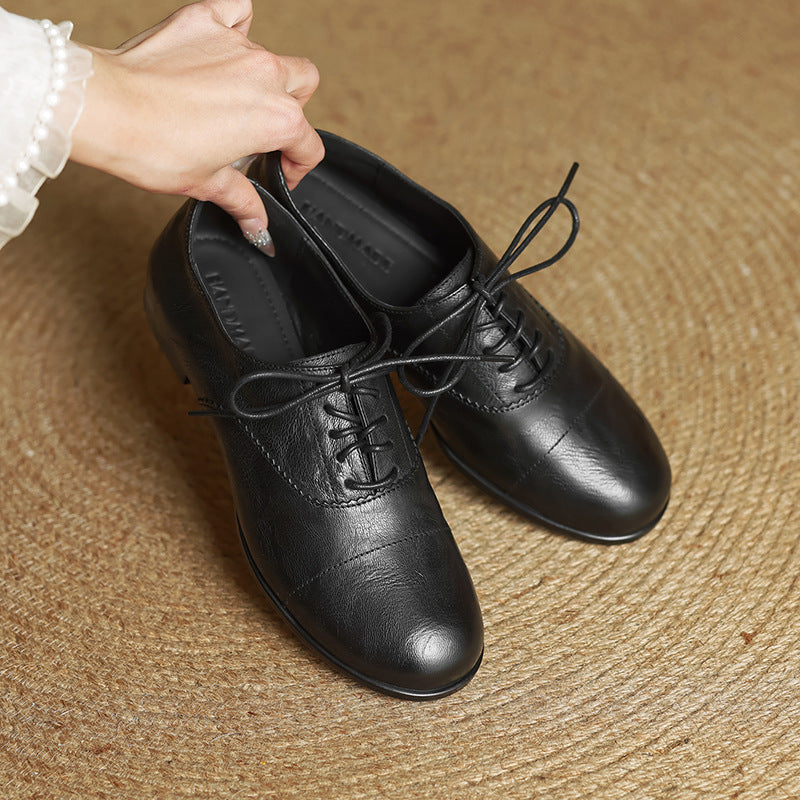 Women's Oxford Shoes Genuine Leather Lace-Up Comfort Insole - Black