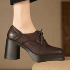 Women's Leather Oxford Shoes with Block Heel - Brown