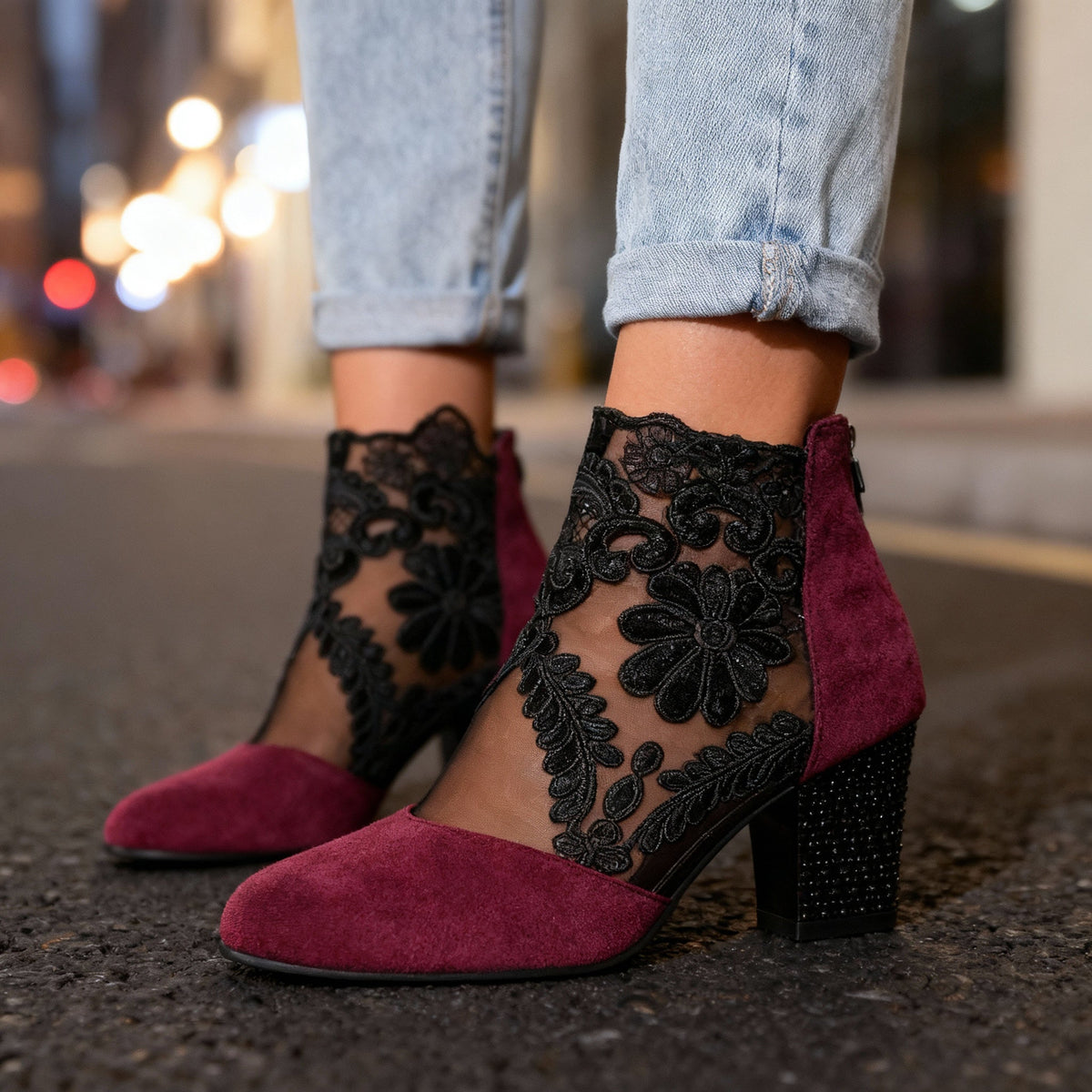 Women's Studded Block Heel Shoes in Lace and Suede - Burgundy