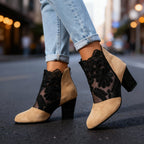 Women's Studded Block Heel Shoes in Lace and Suede