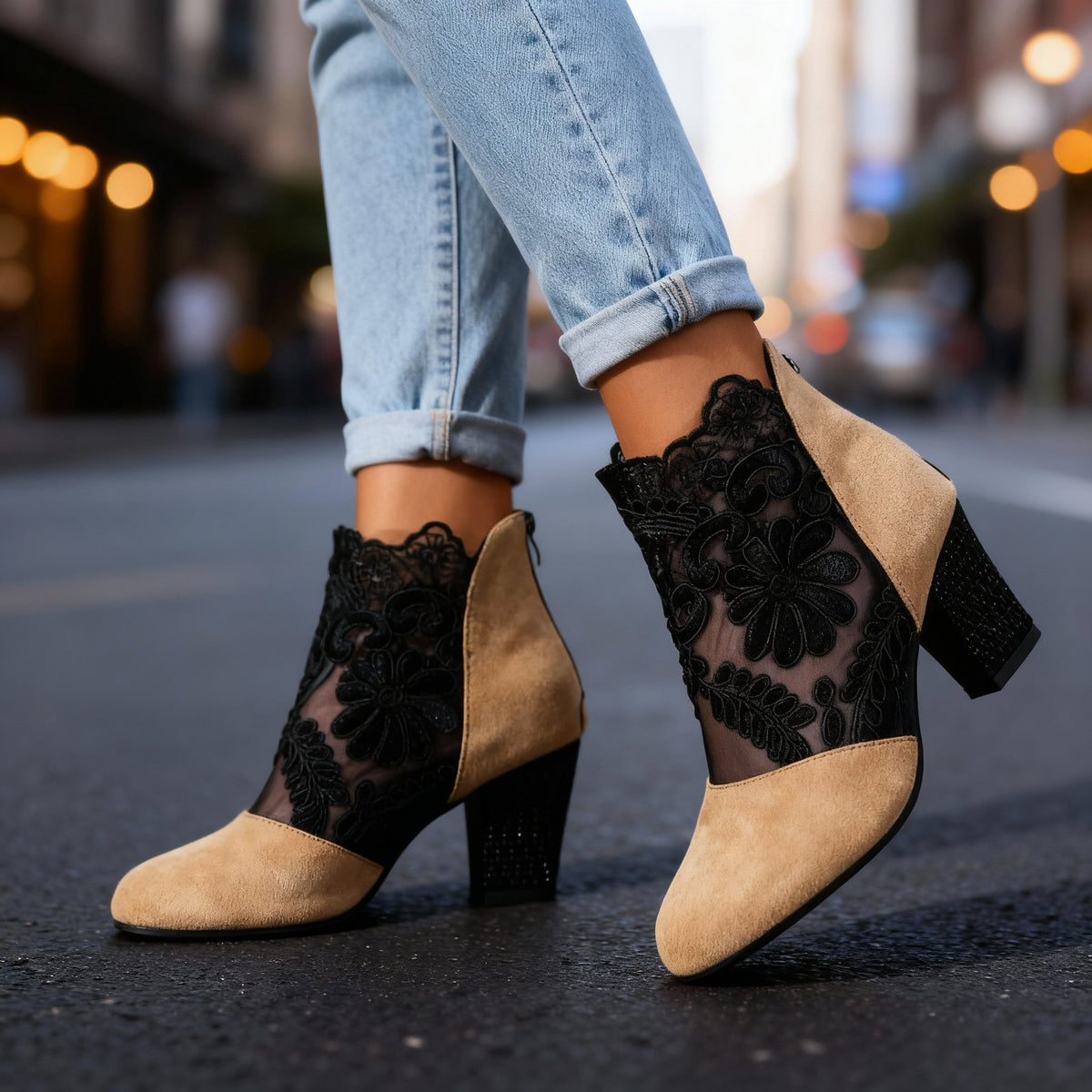 Women's Studded Block Heel Shoes in Lace and Suede