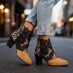 Women's Studded Block Heel Shoes in Lace and Suede