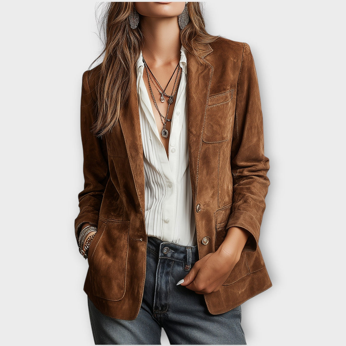 Women's Suede Blazer Fitted Vintage Office Button-Front - Brown