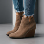 Women's Suede Wedge Ankle Boots with Side Cutout Detail - Brown