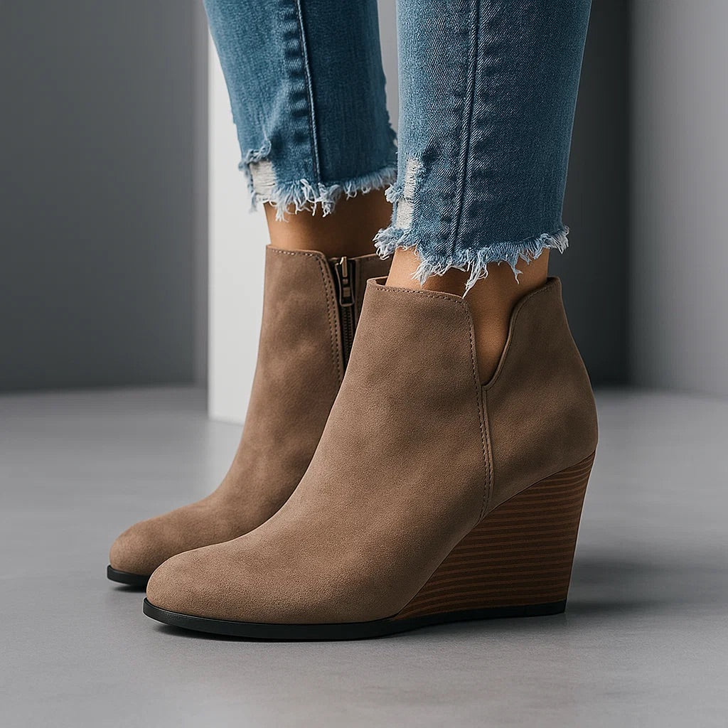Women's Suede Wedge Ankle Boots with Side Cutout Detail - Brown