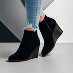 Women's Suede Wedge Ankle Boots with Side Cutout Detail - Black