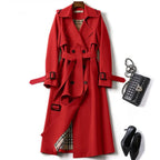 Women's Long Trench Coat Belted Waterproof - Red
