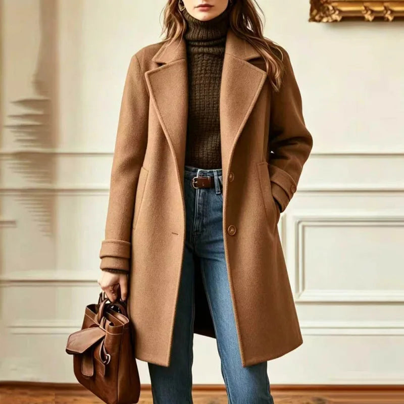 Women's Wool Blend Trench Coat with Retro Collar - Camel