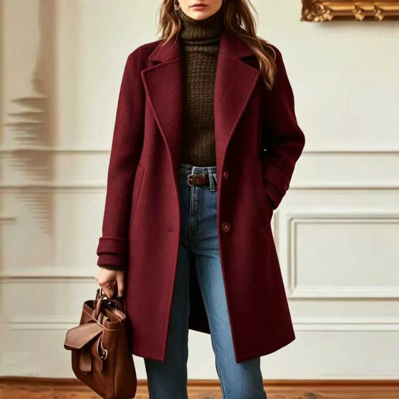 Women's Wool Blend Trench Coat with Retro Collar - Burgundy