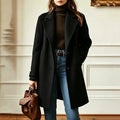 Women's Wool Blend Trench Coat with Retro Collar - Black