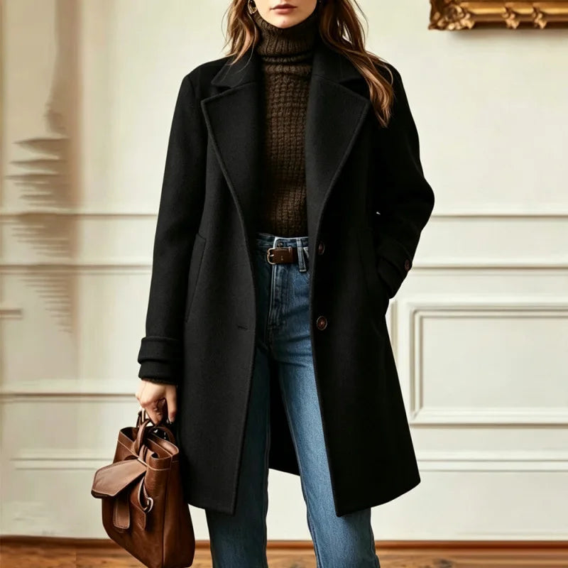 Women's Wool Blend Trench Coat with Retro Collar - Black