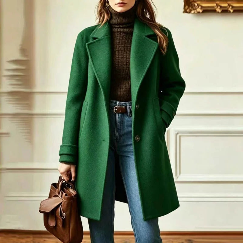 Women's Wool Blend Trench Coat with Retro Collar - Green