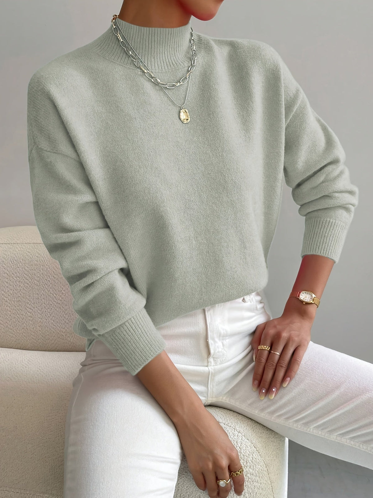 Women's Turtleneck Jumper Soft Knit Winter - Light Green