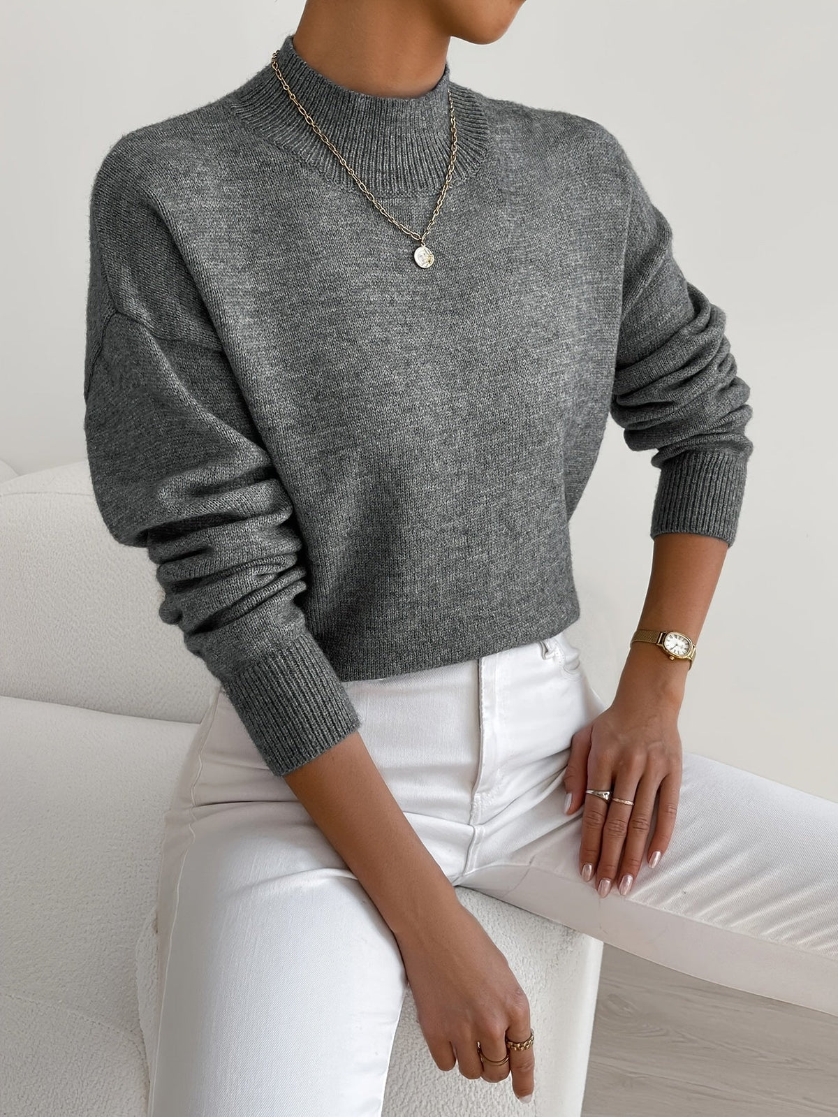 Women's Turtleneck Jumper Soft Knit Winter - Dark Grey