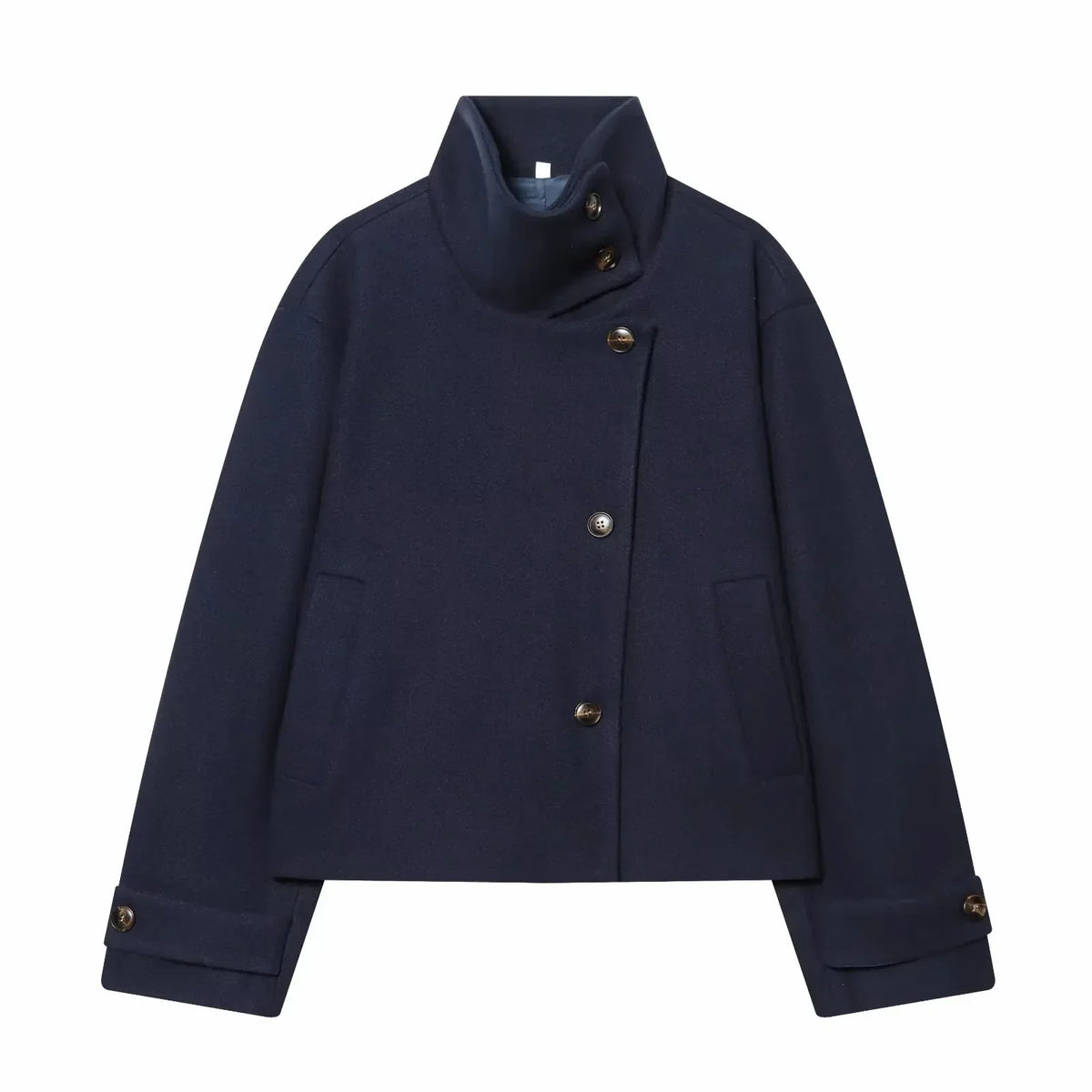 Women's Wool Coat High Collar Retro Fit - Bleu Foncé
