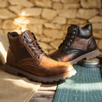 Work boots with reinforced panels and padded interior