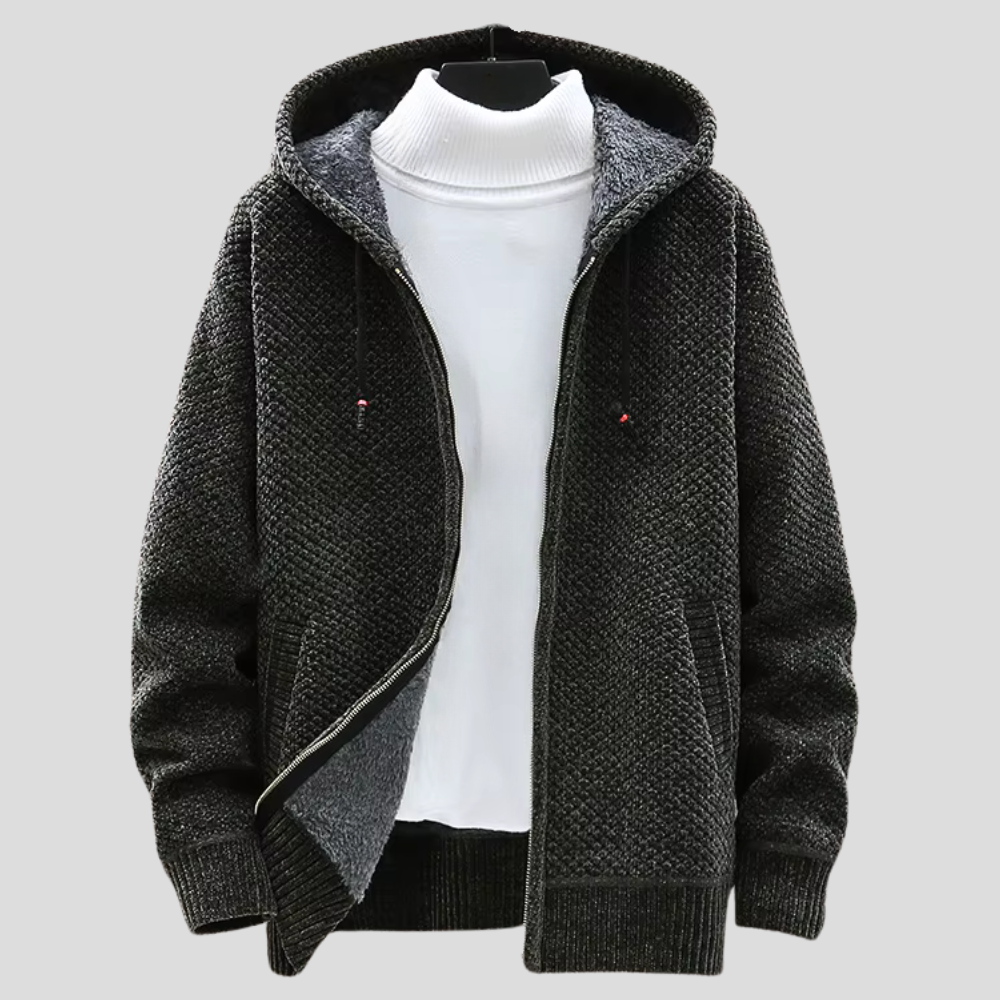 Zip Hoodie Textured Knit Fleece Lined - Green