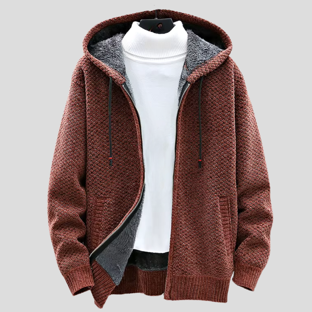 Zip Hoodie Textured Knit Fleece Lined - Brown