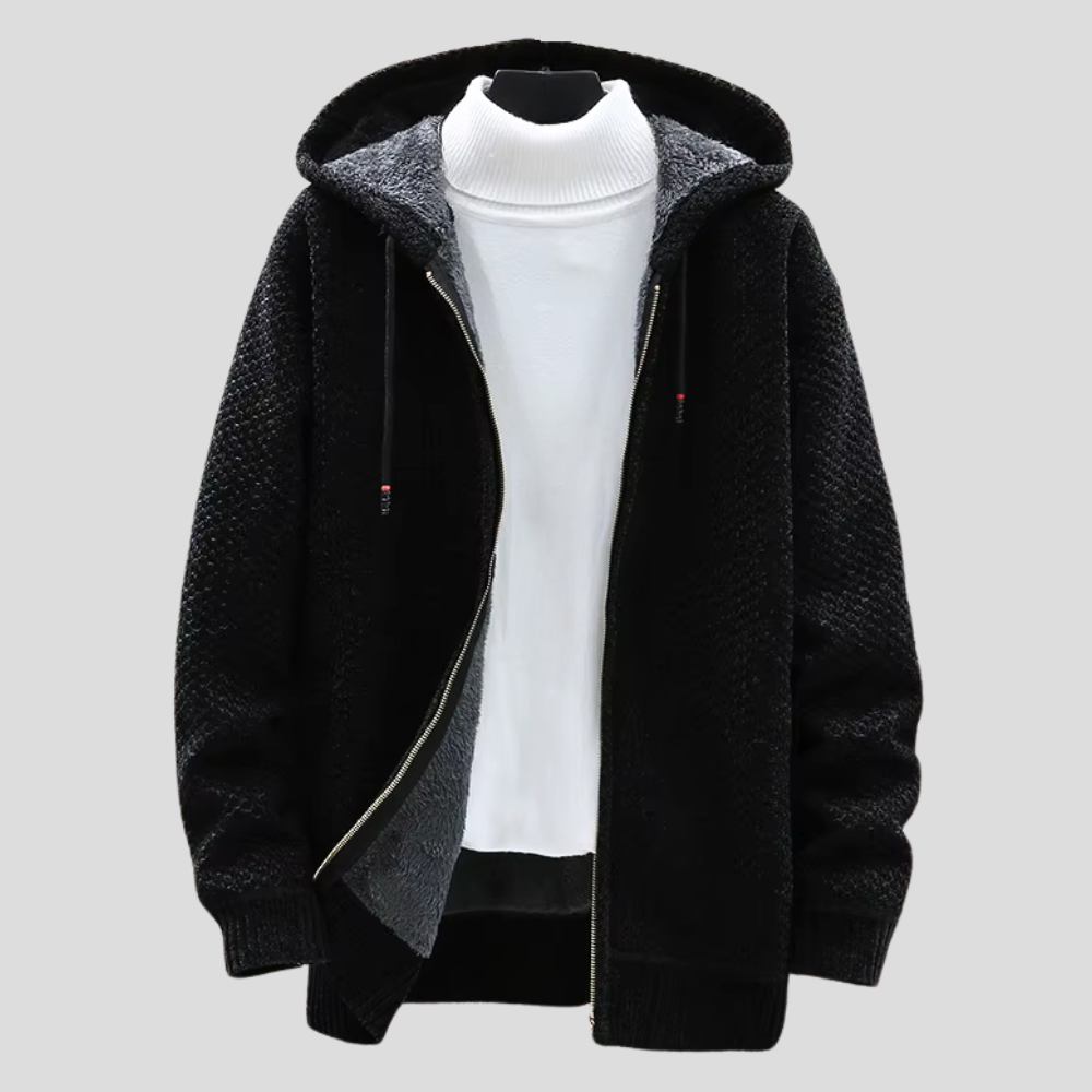 Zip Hoodie Textured Knit Fleece Lined - Black